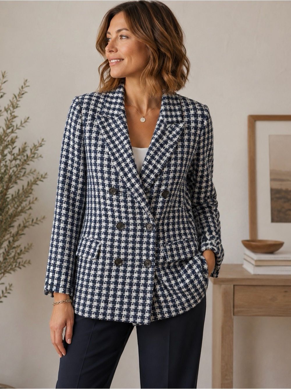 Elie Tahari Blue And White Tweed Double Breasted Blazer Size 8 - Picture 1 of 12